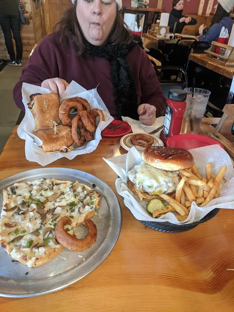 Hotsey Potsey Burger-Chicken Alfredo Pizza-Onion Ring Appetizer